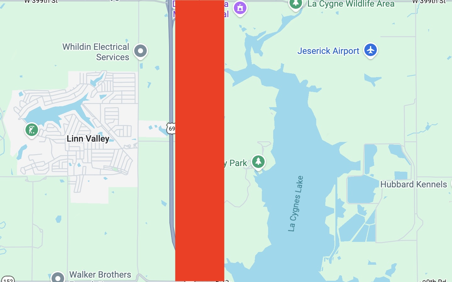 Map of Linn Valley showing the residential community and POA west of US-69, with a highlighted area on the east side of the highway, between the highway and La Cygne Lake — illustrating direction only, not a project size or boundary.
